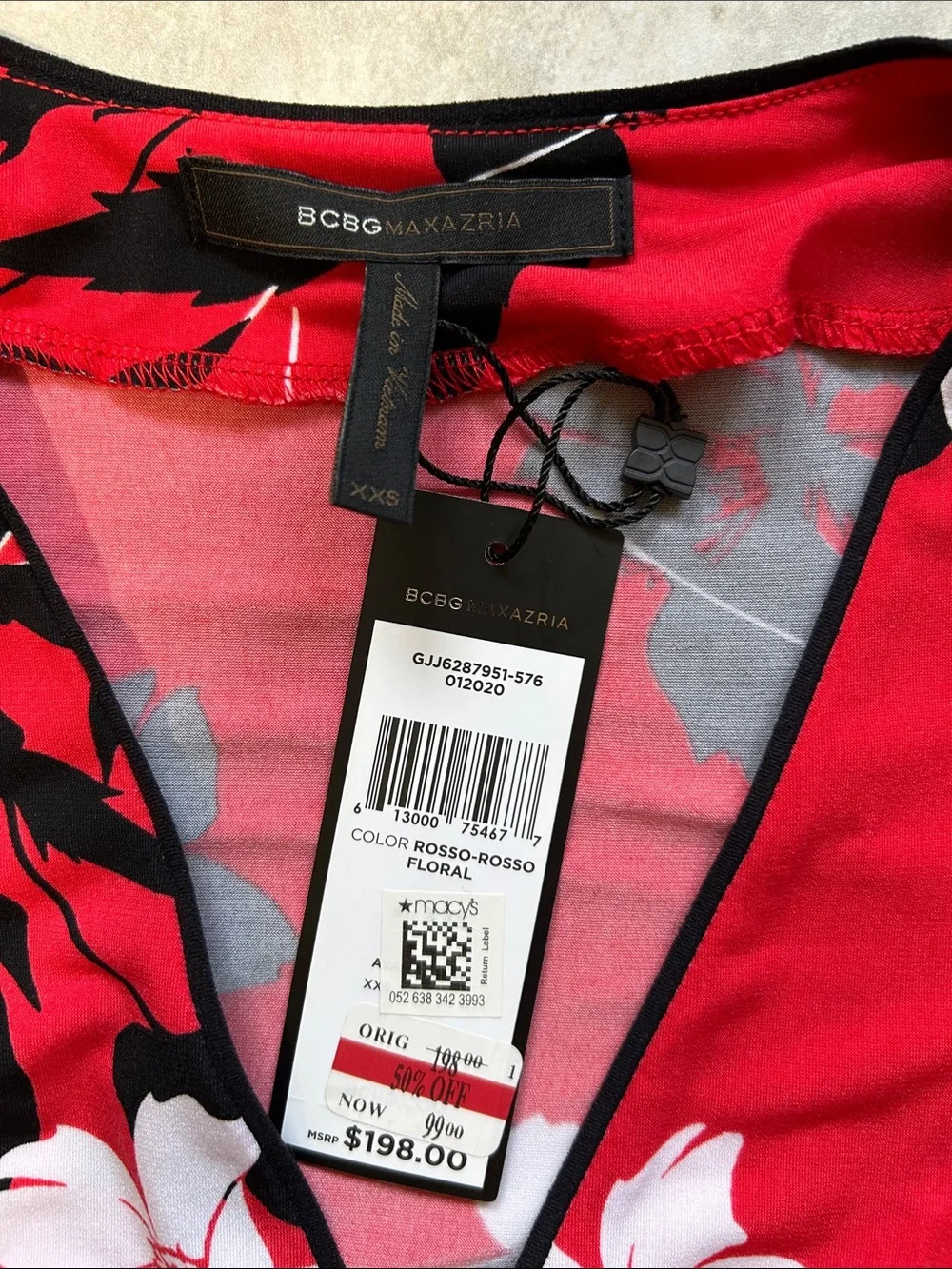 BCBGMaxAzria Red Floral Wrap-Style Midi Dress size XXS original price $198